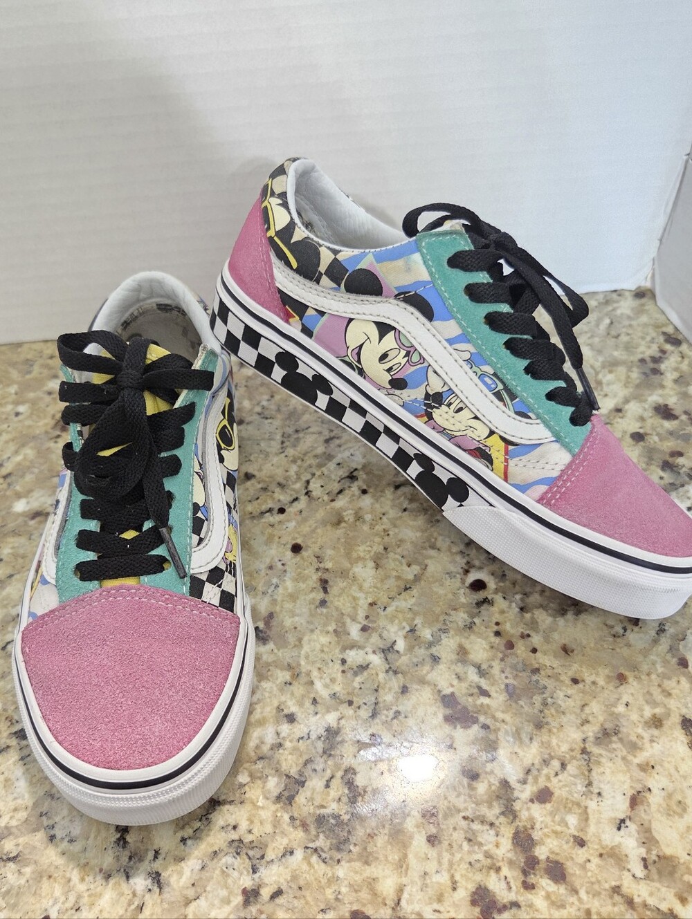 Disney Vans W 6 M 4.5 Old Skool 80s Mickey Mouse Pink Checkered Sneakers Shoes